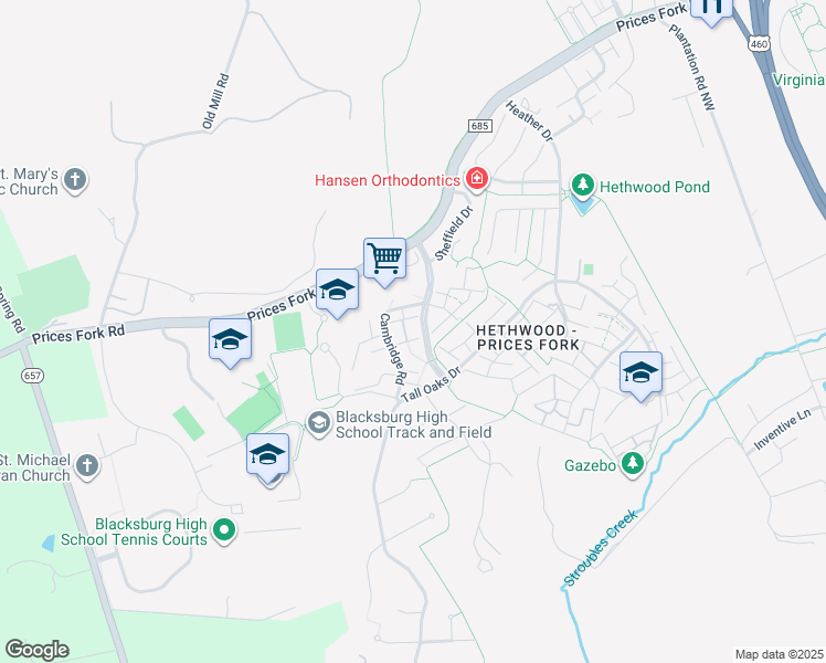 map of restaurants, bars, coffee shops, grocery stores, and more near 620 Cambridge Road in Blacksburg