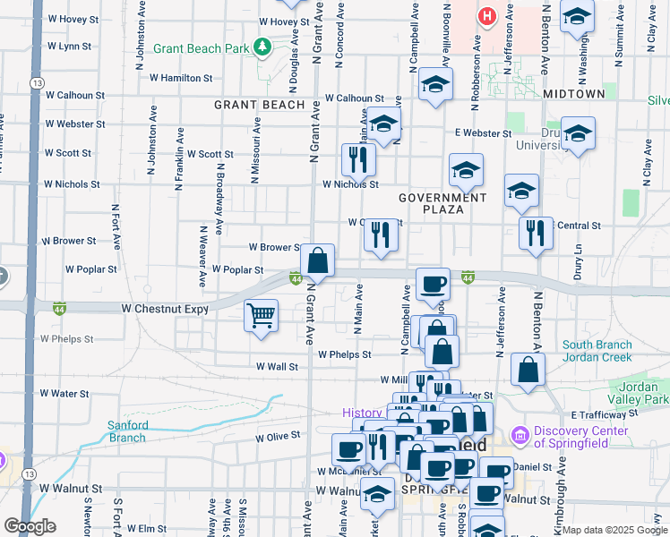 map of restaurants, bars, coffee shops, grocery stores, and more near 639 W Chestnut Expy in Springfield