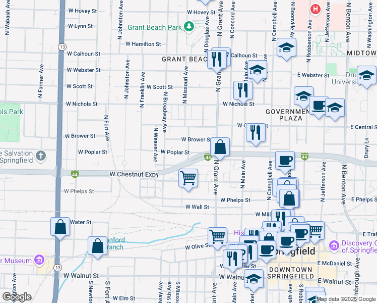 map of restaurants, bars, coffee shops, grocery stores, and more near 741 North Missouri Avenue in Springfield