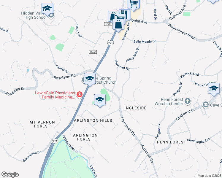 map of restaurants, bars, coffee shops, grocery stores, and more near 5240 Springlawn Avenue in Roanoke