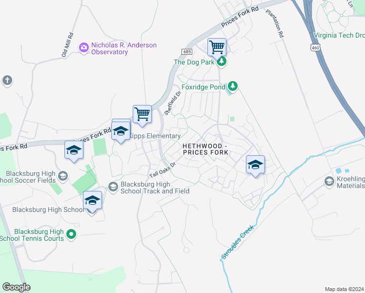 map of restaurants, bars, coffee shops, grocery stores, and more near 1900 Tall Oaks Drive in Blacksburg