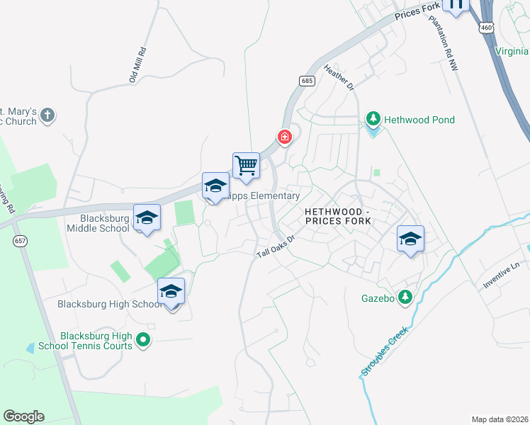 map of restaurants, bars, coffee shops, grocery stores, and more near 620 Cambridge Road in Blacksburg