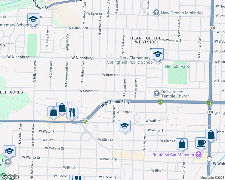 map of restaurants, bars, coffee shops, grocery stores, and more near 701 North West Avenue in Springfield