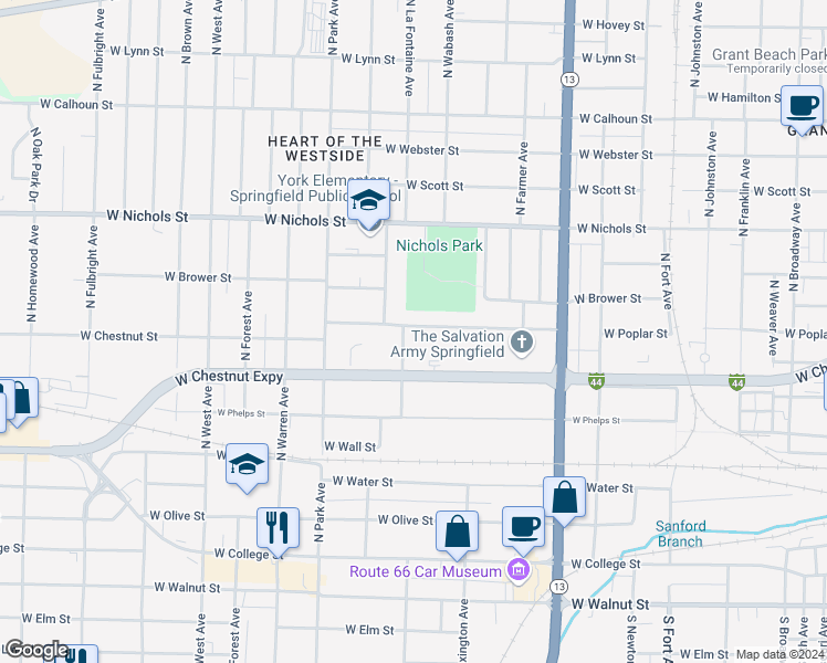 map of restaurants, bars, coffee shops, grocery stores, and more near 1932 West Chestnut Street in Springfield