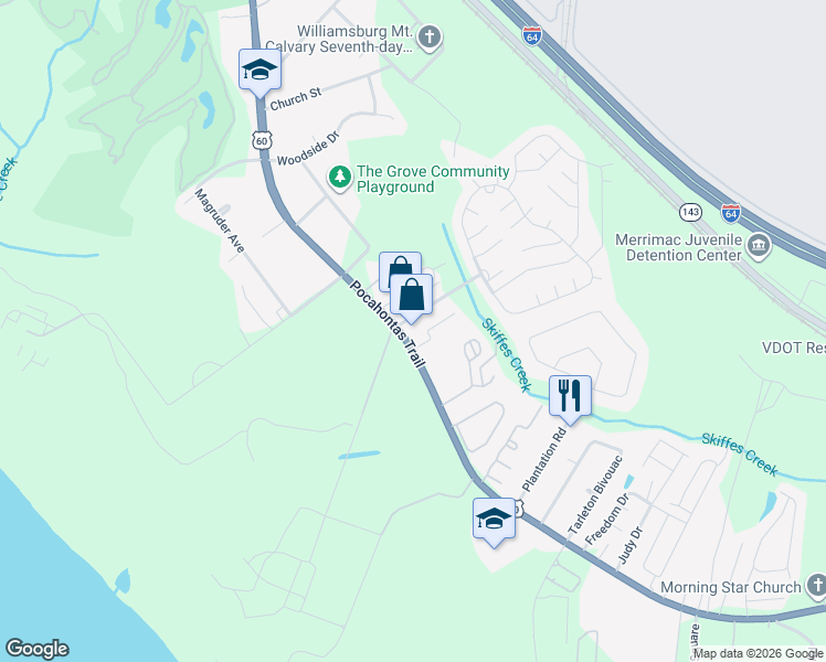 map of restaurants, bars, coffee shops, grocery stores, and more near 8787-8789 Pocahontas Trail in Williamsburg