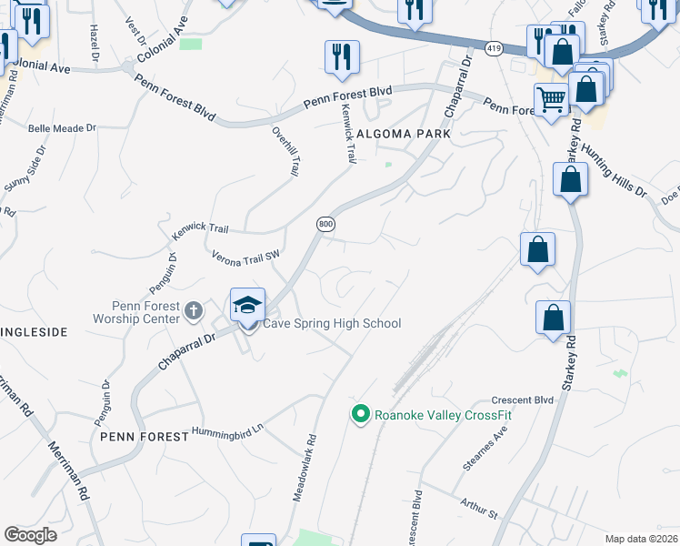 map of restaurants, bars, coffee shops, grocery stores, and more near 3366 Forest Court in Cave Spring