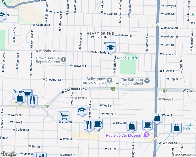 map of restaurants, bars, coffee shops, grocery stores, and more near 710 North Park Avenue in Springfield