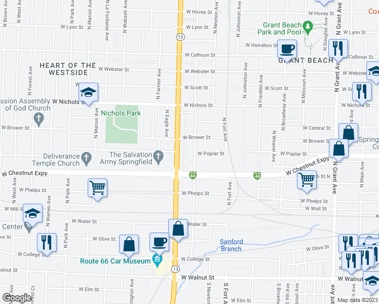 map of restaurants, bars, coffee shops, grocery stores, and more near 719 North Nettleton Avenue in Springfield