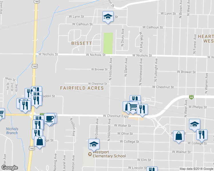 map of restaurants, bars, coffee shops, grocery stores, and more near 627 North Hillcrest Avenue in Springfield