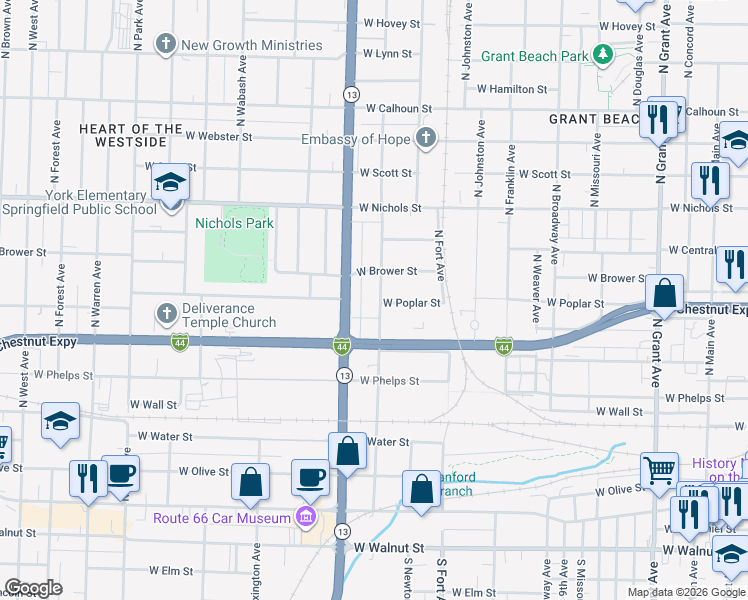 map of restaurants, bars, coffee shops, grocery stores, and more near 747 North Nettleton Avenue in Springfield