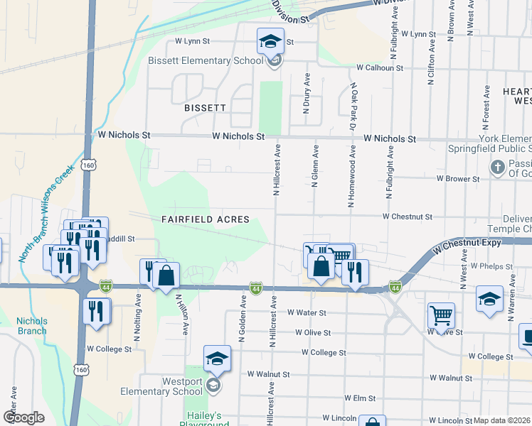 map of restaurants, bars, coffee shops, grocery stores, and more near 705 North Hillcrest Avenue in Springfield