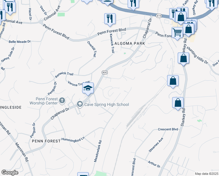 map of restaurants, bars, coffee shops, grocery stores, and more near 3317 Forest Ridge Road in Cave Spring