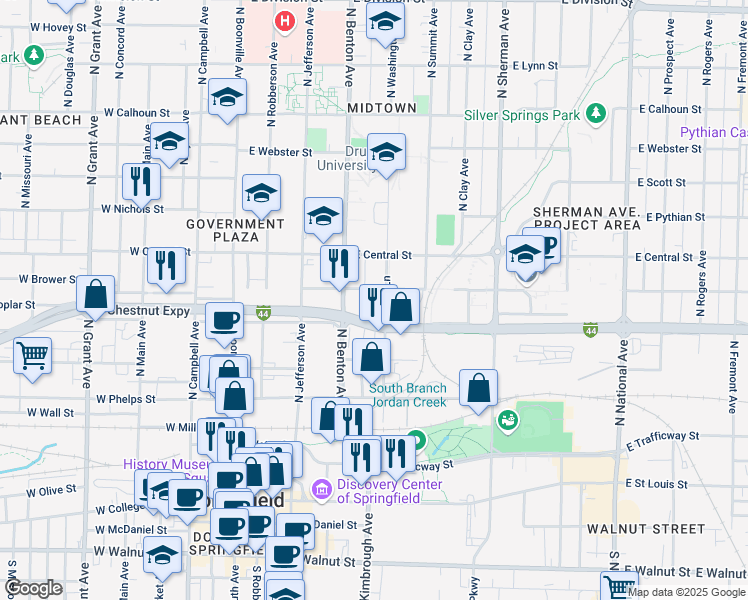 map of restaurants, bars, coffee shops, grocery stores, and more near 729 North Washington Avenue in Springfield