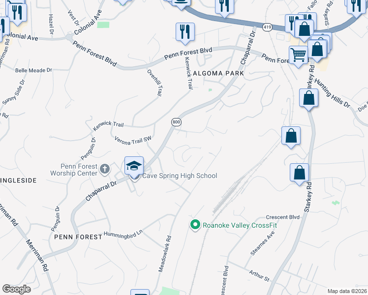 map of restaurants, bars, coffee shops, grocery stores, and more near 3460 Poff Lane in Roanoke