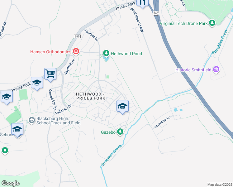 map of restaurants, bars, coffee shops, grocery stores, and more near 6100 Heather Drive in Blacksburg