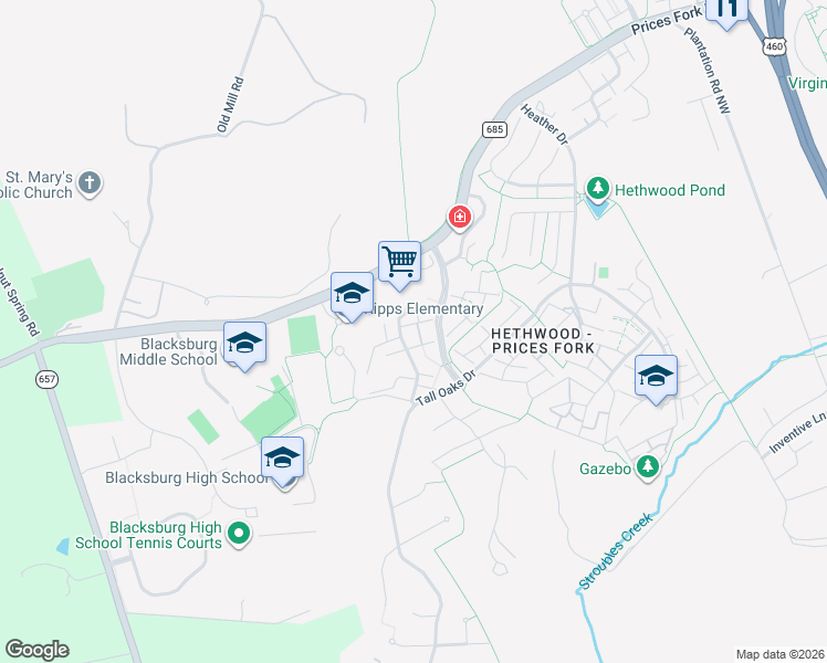 map of restaurants, bars, coffee shops, grocery stores, and more near 2715 Chelsea Court in Blacksburg