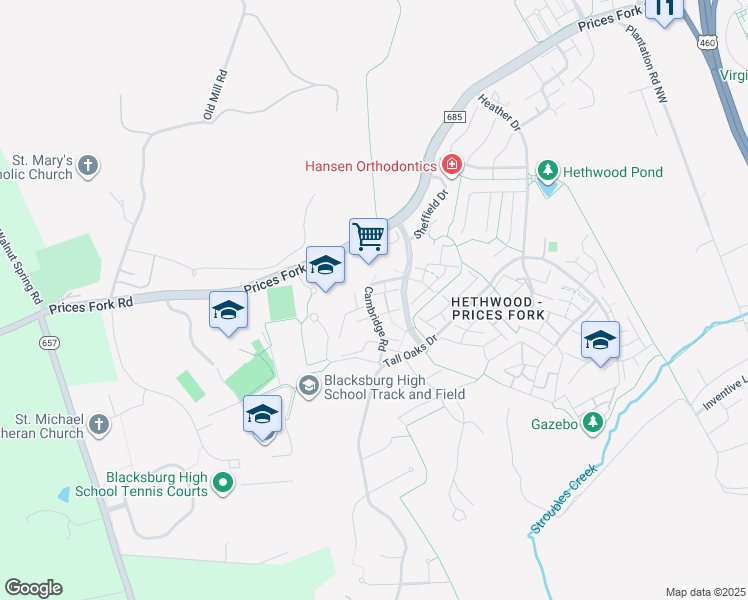 map of restaurants, bars, coffee shops, grocery stores, and more near 812 Cambridge Road in Blacksburg
