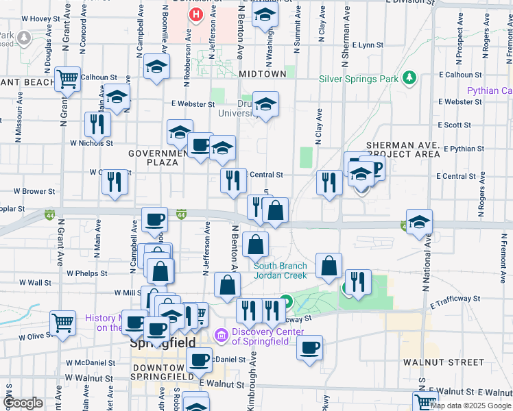 map of restaurants, bars, coffee shops, grocery stores, and more near 729 North Washington Avenue in Springfield