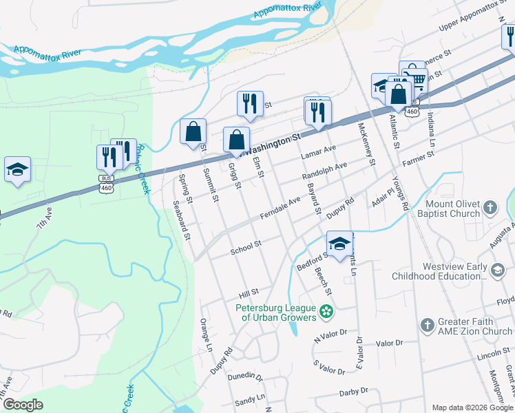 map of restaurants, bars, coffee shops, grocery stores, and more near 115 Grigg Street in Petersburg