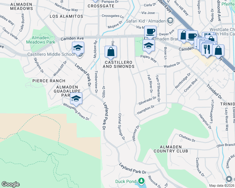map of restaurants, bars, coffee shops, grocery stores, and more near 6550 Crystal Springs Drive in San Jose