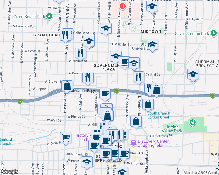 map of restaurants, bars, coffee shops, grocery stores, and more near 830 North Boonville Avenue in Springfield