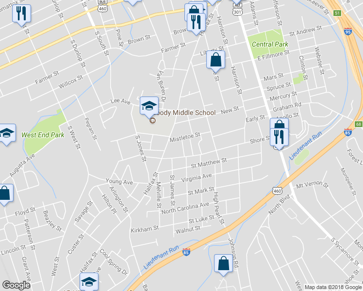 map of restaurants, bars, coffee shops, grocery stores, and more near 718 Blick Street in Petersburg