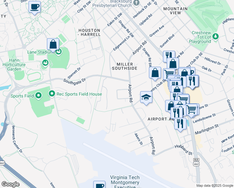 map of restaurants, bars, coffee shops, grocery stores, and more near The Link in Blacksburg