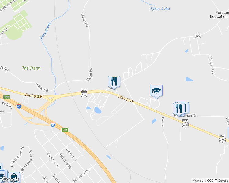 map of restaurants, bars, coffee shops, grocery stores, and more near 1422 Hickory Hill Road in Petersburg