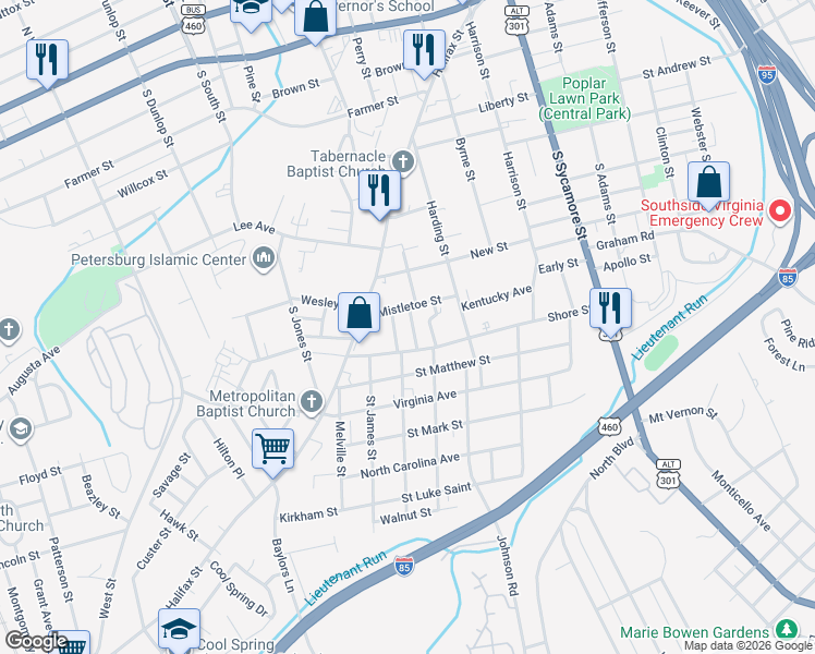 map of restaurants, bars, coffee shops, grocery stores, and more near 330 Mistletoe Street in Petersburg