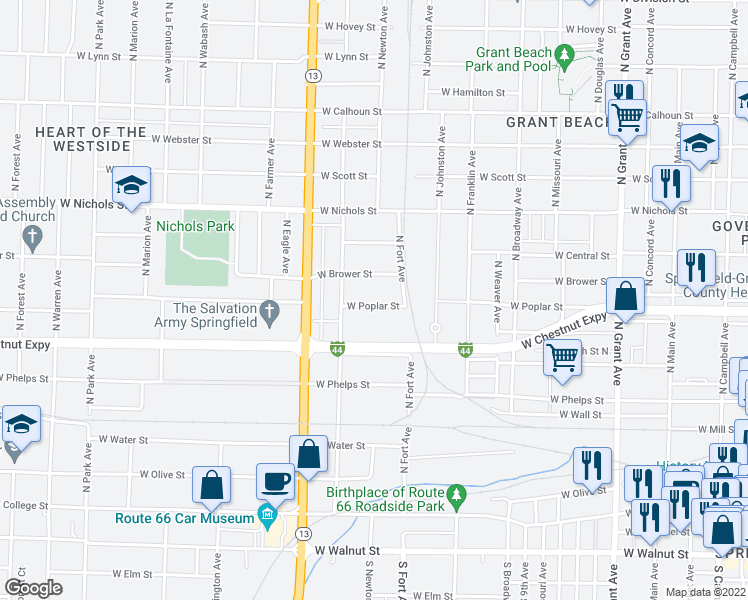 map of restaurants, bars, coffee shops, grocery stores, and more near 1401 West Poplar Street in Springfield