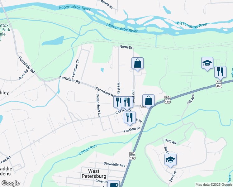 map of restaurants, bars, coffee shops, grocery stores, and more near 4024 West Drive in Petersburg