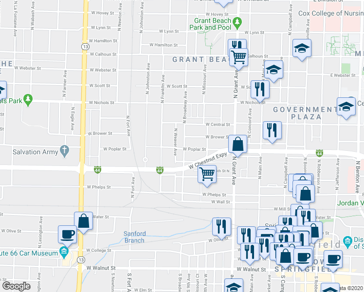 map of restaurants, bars, coffee shops, grocery stores, and more near 737 North Broadway Avenue in Springfield