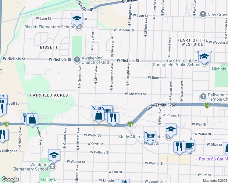 map of restaurants, bars, coffee shops, grocery stores, and more near 2755 West Chestnut Street in Springfield