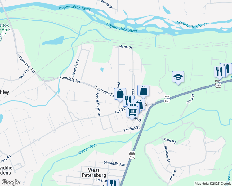 map of restaurants, bars, coffee shops, grocery stores, and more near 4024 West Drive in Petersburg
