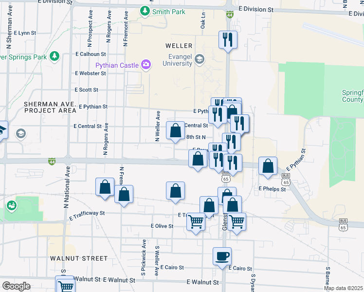 map of restaurants, bars, coffee shops, grocery stores, and more near 1620 East 8th Street North in Springfield