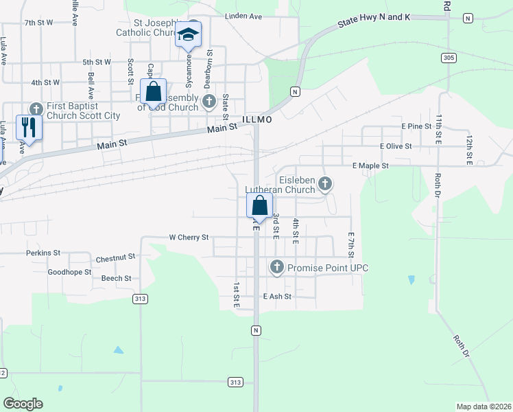 map of restaurants, bars, coffee shops, grocery stores, and more near State Route N in Scott City