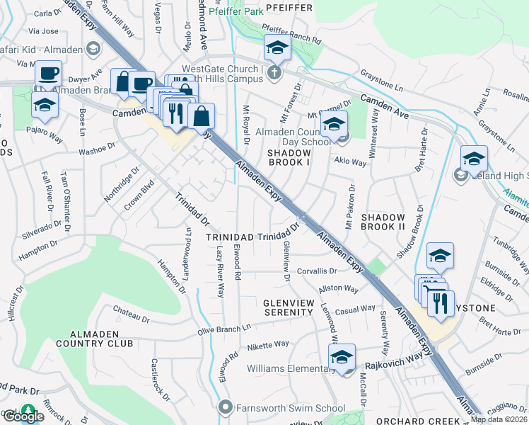 map of restaurants, bars, coffee shops, grocery stores, and more near 6681 Tannahill Drive in San Jose
