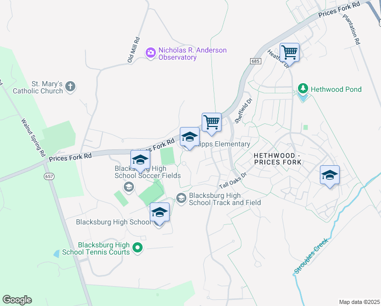 map of restaurants, bars, coffee shops, grocery stores, and more near 2801 Prices Fork Road in Blacksburg