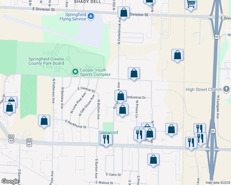 map of restaurants, bars, coffee shops, grocery stores, and more near 2740 East Pythian Street in Springfield