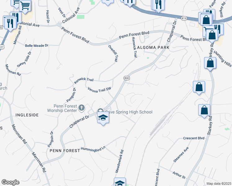 map of restaurants, bars, coffee shops, grocery stores, and more near 3535 Chaparral Drive in Cave Spring