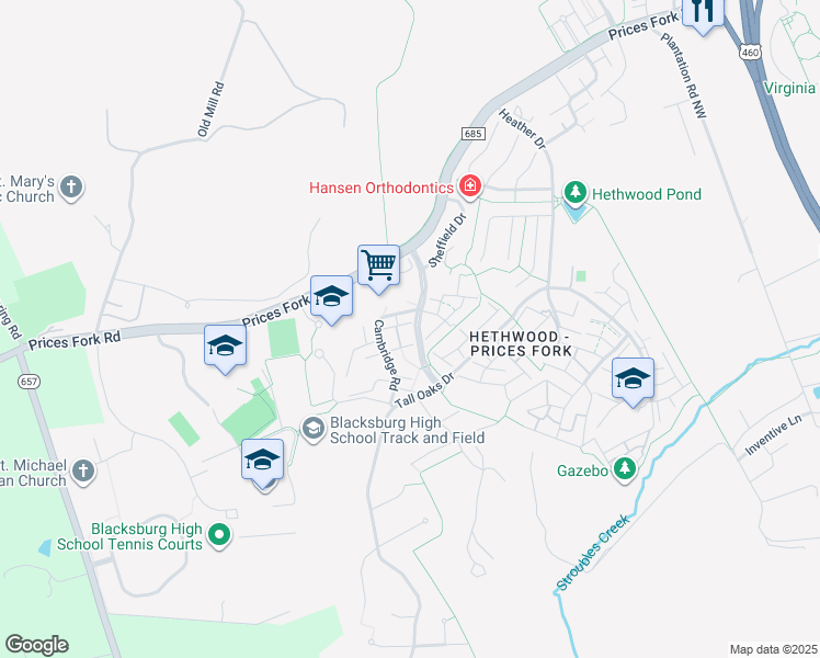 map of restaurants, bars, coffee shops, grocery stores, and more near 812 Cambridge Road in Blacksburg