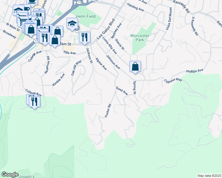 map of restaurants, bars, coffee shops, grocery stores, and more near 140 Foster Road in Los Gatos
