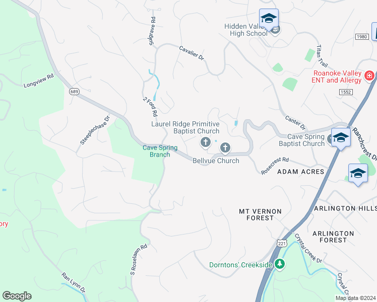 map of restaurants, bars, coffee shops, grocery stores, and more near 5737 Ivy Park Drive in Cave Spring
