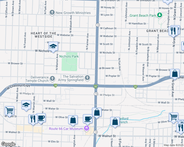 map of restaurants, bars, coffee shops, grocery stores, and more near 1615 West Chestnut Street in Springfield