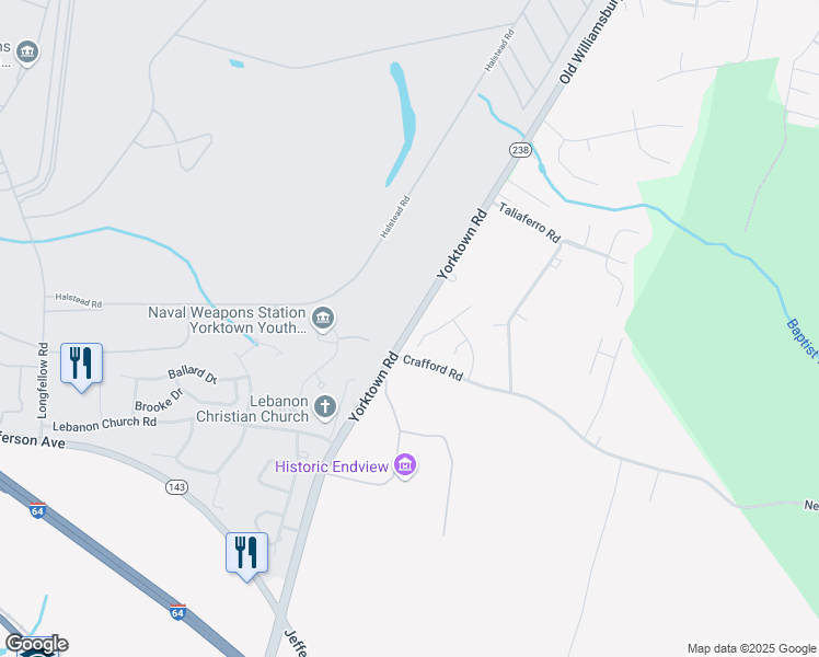 map of restaurants, bars, coffee shops, grocery stores, and more near Yorktown Road in Newport News