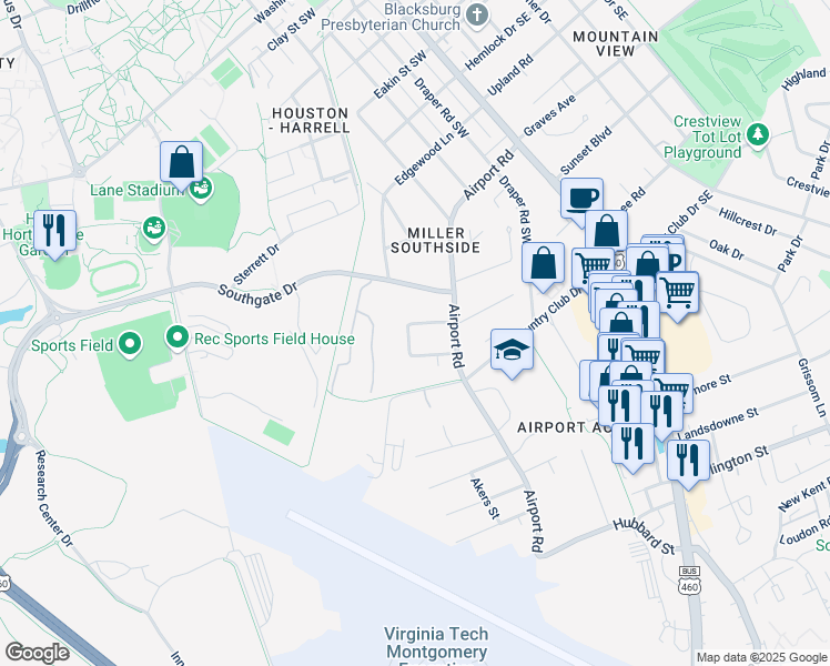 map of restaurants, bars, coffee shops, grocery stores, and more near The Link in Blacksburg