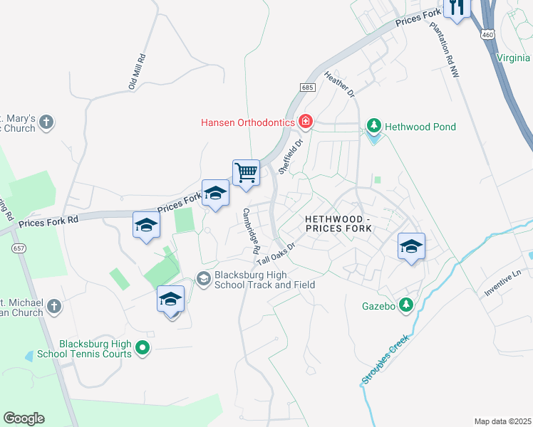 map of restaurants, bars, coffee shops, grocery stores, and more near 812 Cambridge Road in Blacksburg