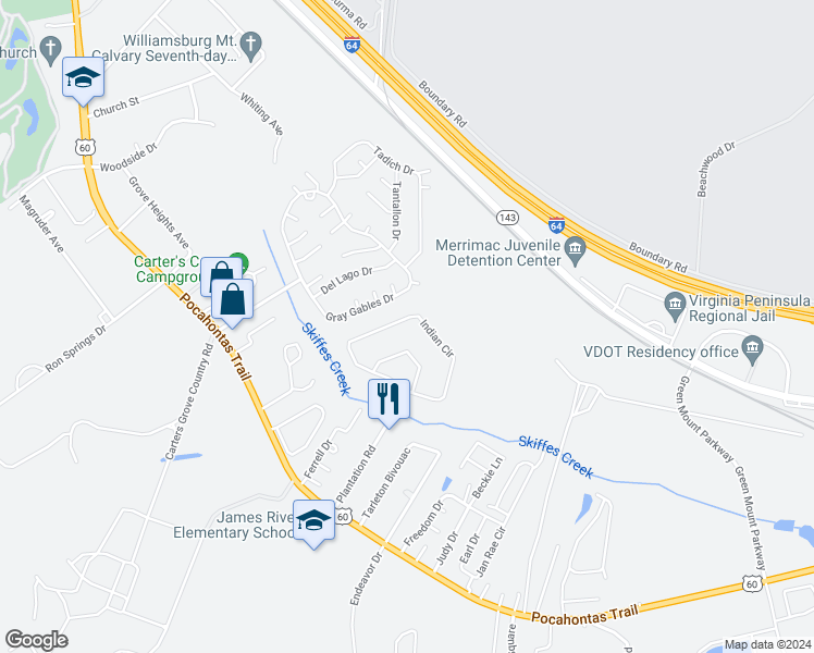 map of restaurants, bars, coffee shops, grocery stores, and more near 134 Indian Circle in Williamsburg