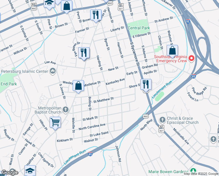 map of restaurants, bars, coffee shops, grocery stores, and more near 711 Harding Street in Petersburg