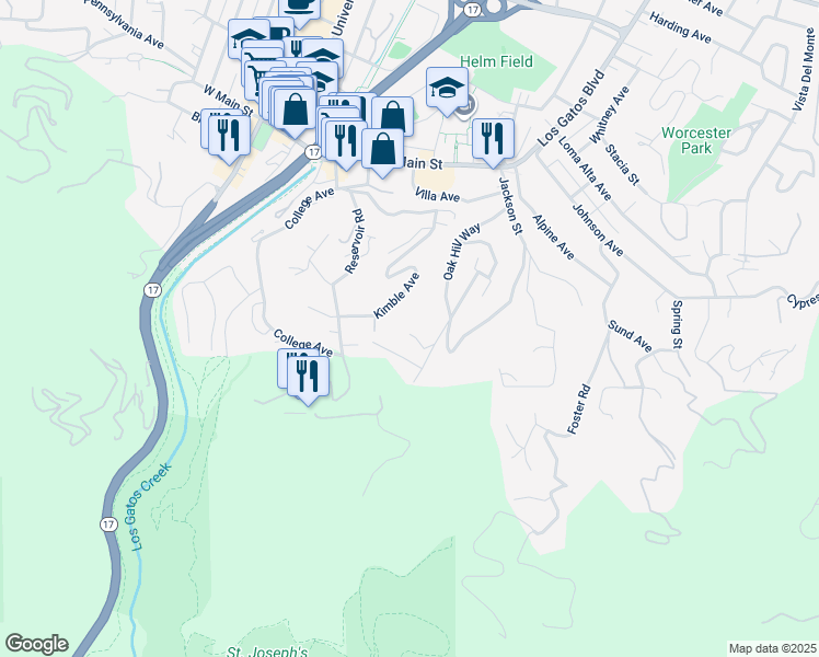 map of restaurants, bars, coffee shops, grocery stores, and more near 28 Orchard Street in Los Gatos